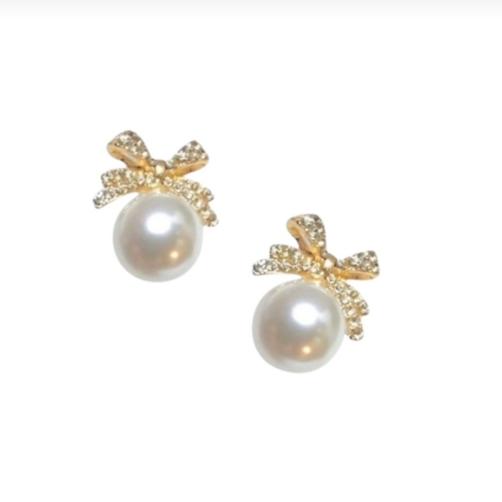 Anthropologie Gold Crystal Bow Pearl Earrings